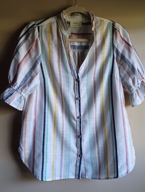 ANTHROPOLOGIE maeve Striped Puffed Short-sleeves Button-down Blouse